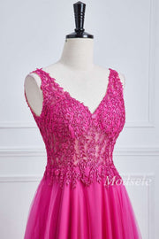 Magenta Tulle Appliques V-Neck A-Line Long Prom Dress