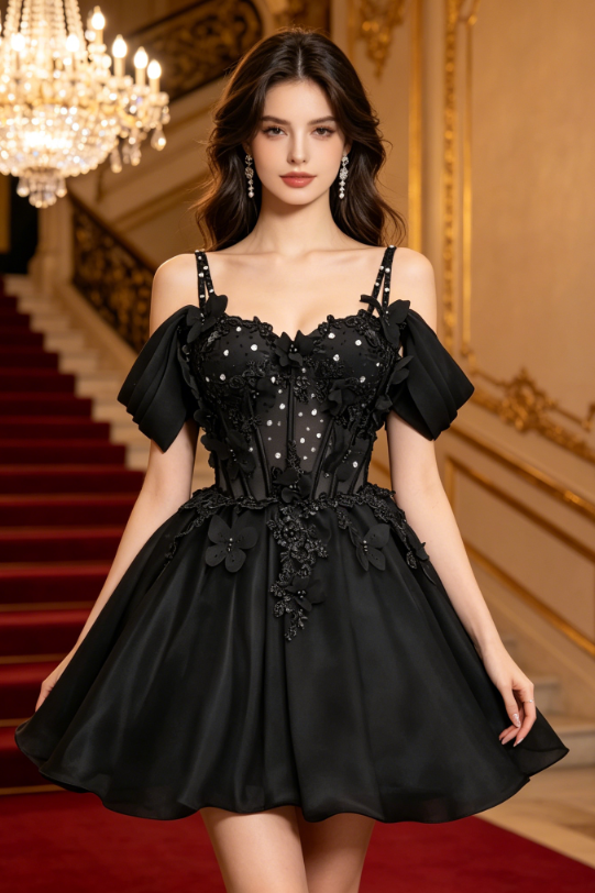 Black Floral Applique Homecoming Mini Dress with Off Shoulder Design