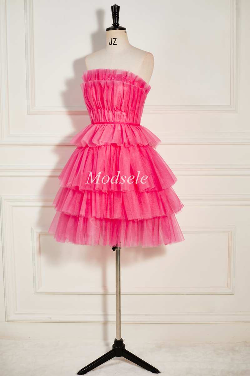 hot pink dress with ruffles Hot Pink Strapless Tiered A-Line Short Party Dress with Ruffles – Modsele