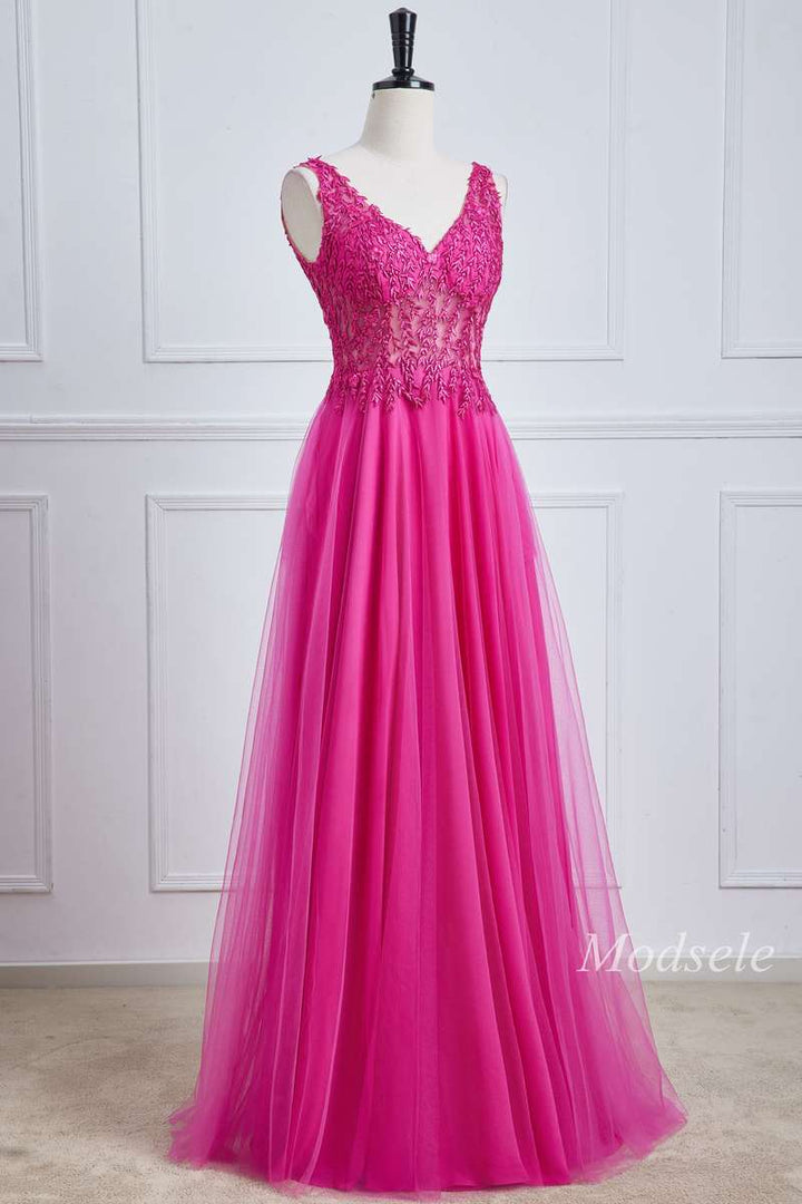 Magenta Tulle Appliques V-Neck A-Line Long Prom Dress
