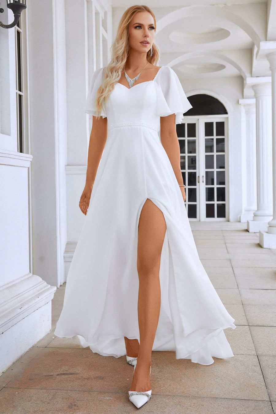 White Chiffon Tie-Back A-Line Long Dress with Flutter Sleeves