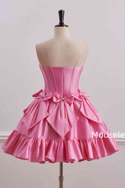 Pink Strapless A-Line Empire-Waist with Bows Pleated Homecoming Dress