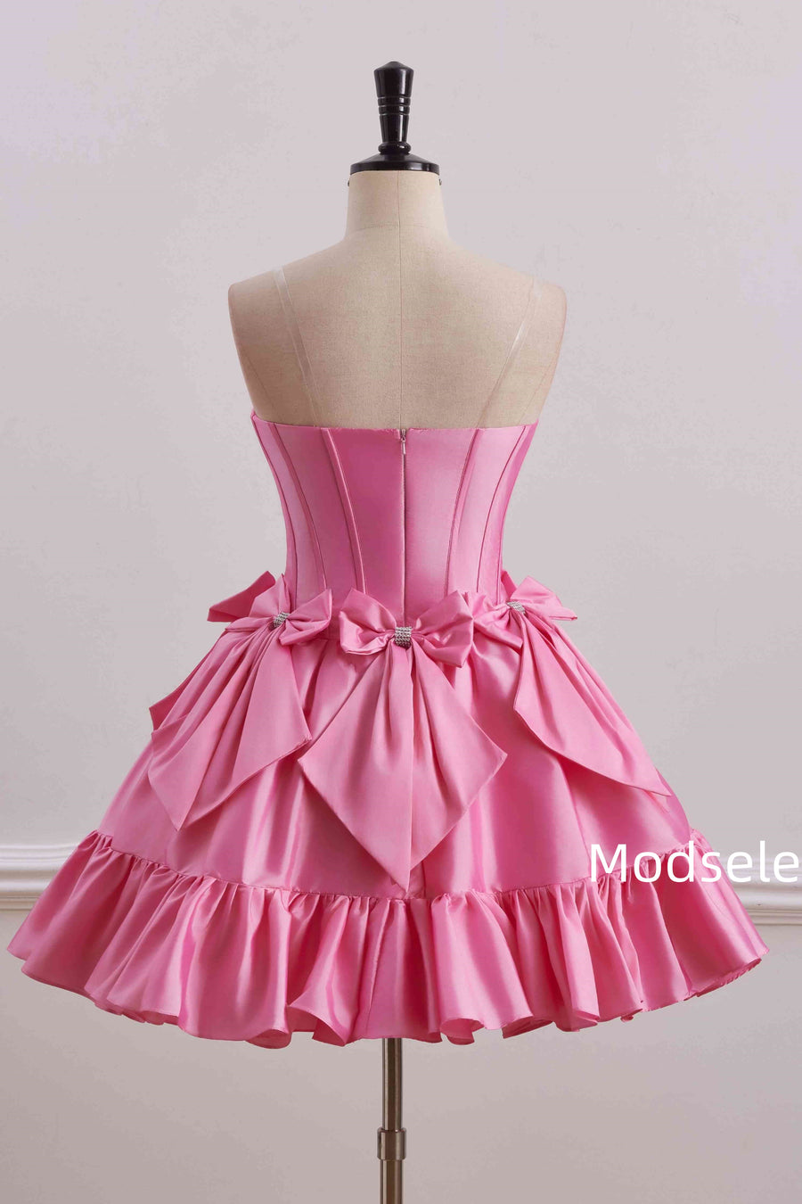 Pink Strapless A-Line Empire-Waist with Bows Pleated Homecoming Dress