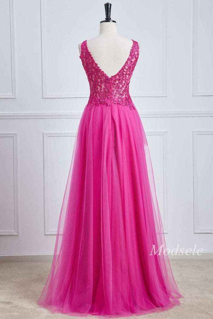 Magenta Tulle Appliques V-Neck A-Line Long Prom Dress