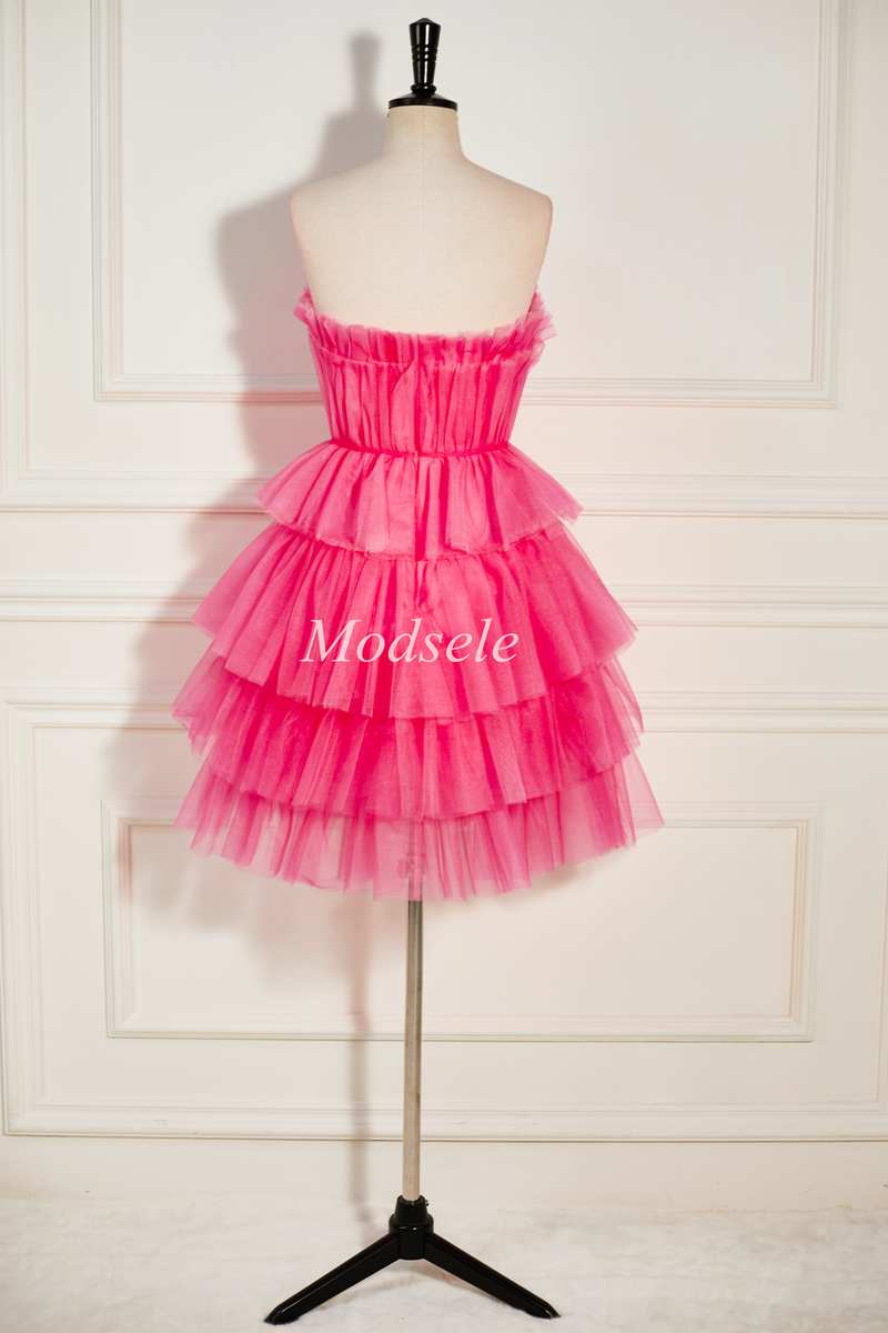 Hot Pink Strapless Tiered A-Line Short Party Dress with Ruffles Modsele Hot Pink Strapless Tiered A-Line Short Party Dress with Ruffles Modsele