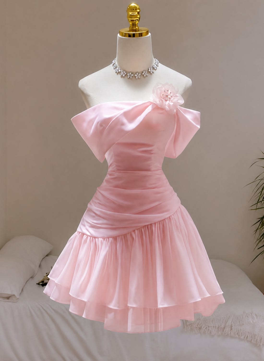 Cute Pink A-Line Pleats Ruffles Flower Short Homecoming Party Dress