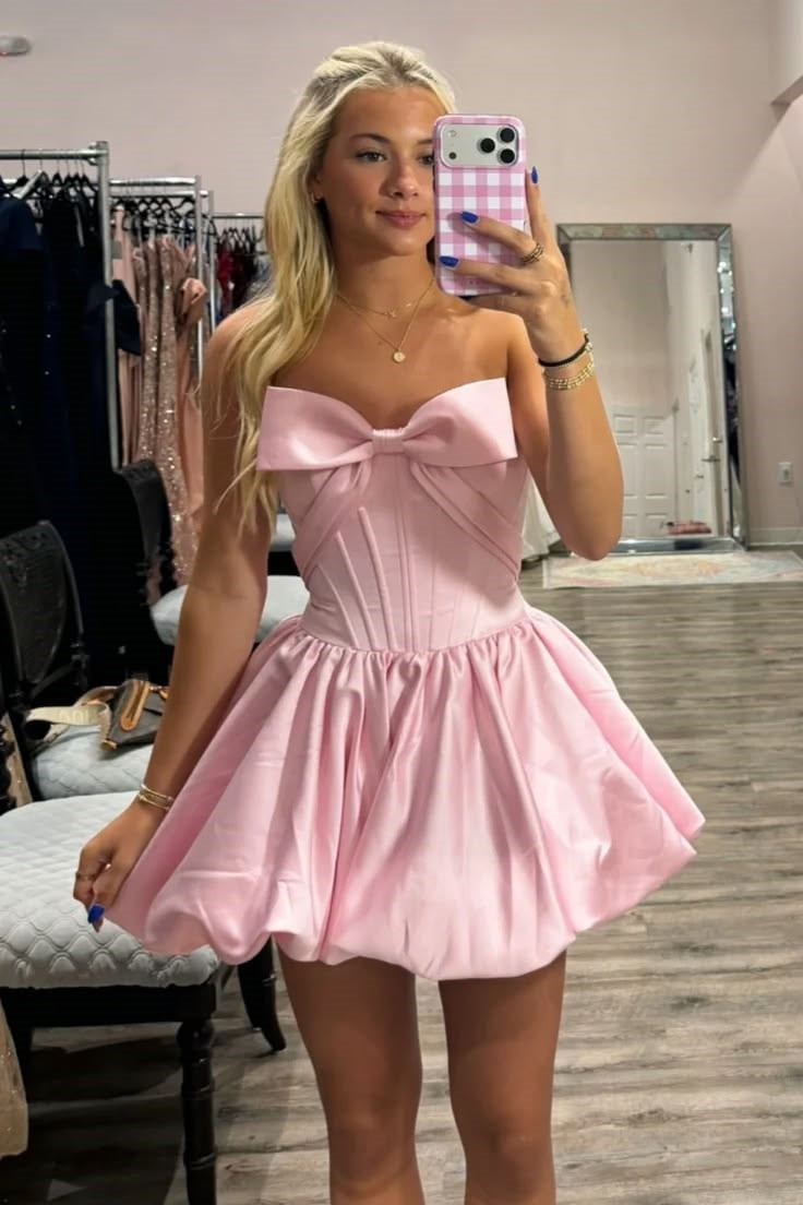 Pink Strapless Bubble Satin A-Line Short Homecoming Dress