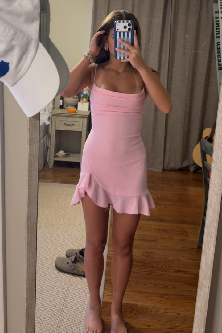 Pink Spaghetti Strap Mini Dress Ruffle Hem Homecoming Party Dress