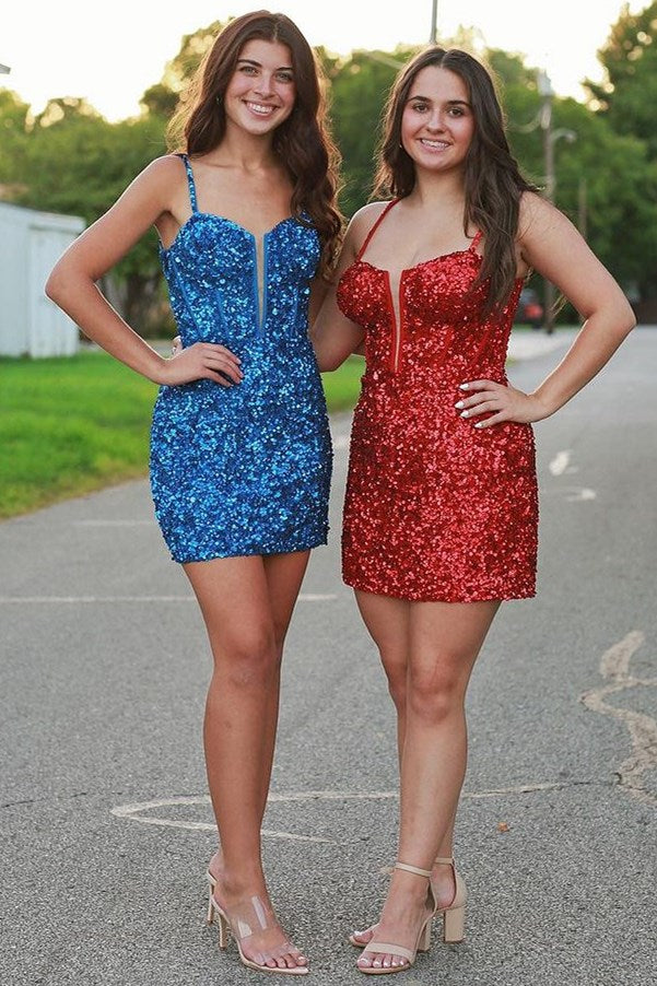 Blue Sequin Scoop Neck Lace-Up Short Homecoming Dress