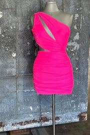 Pink One-Shoulder Keyhole Ruching Short Party Dress