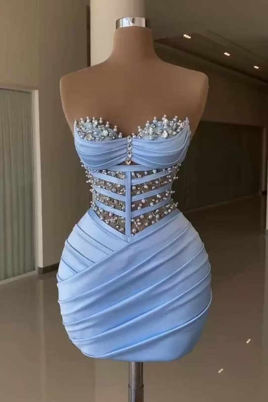 Light Blue Beaded Strapless Mini Dress Corset Homecoming Dress
