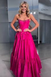 A-Line Strapless Scoop Empire-Waist Bow Satin Long Formal Prom Dress