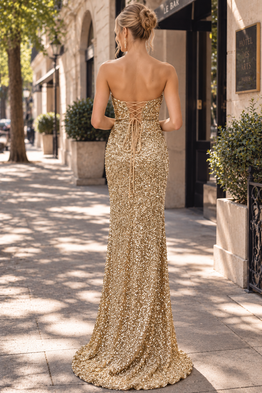 Gold Sequin Strapless Backless Mermaid Long Prom Dress with Slit
