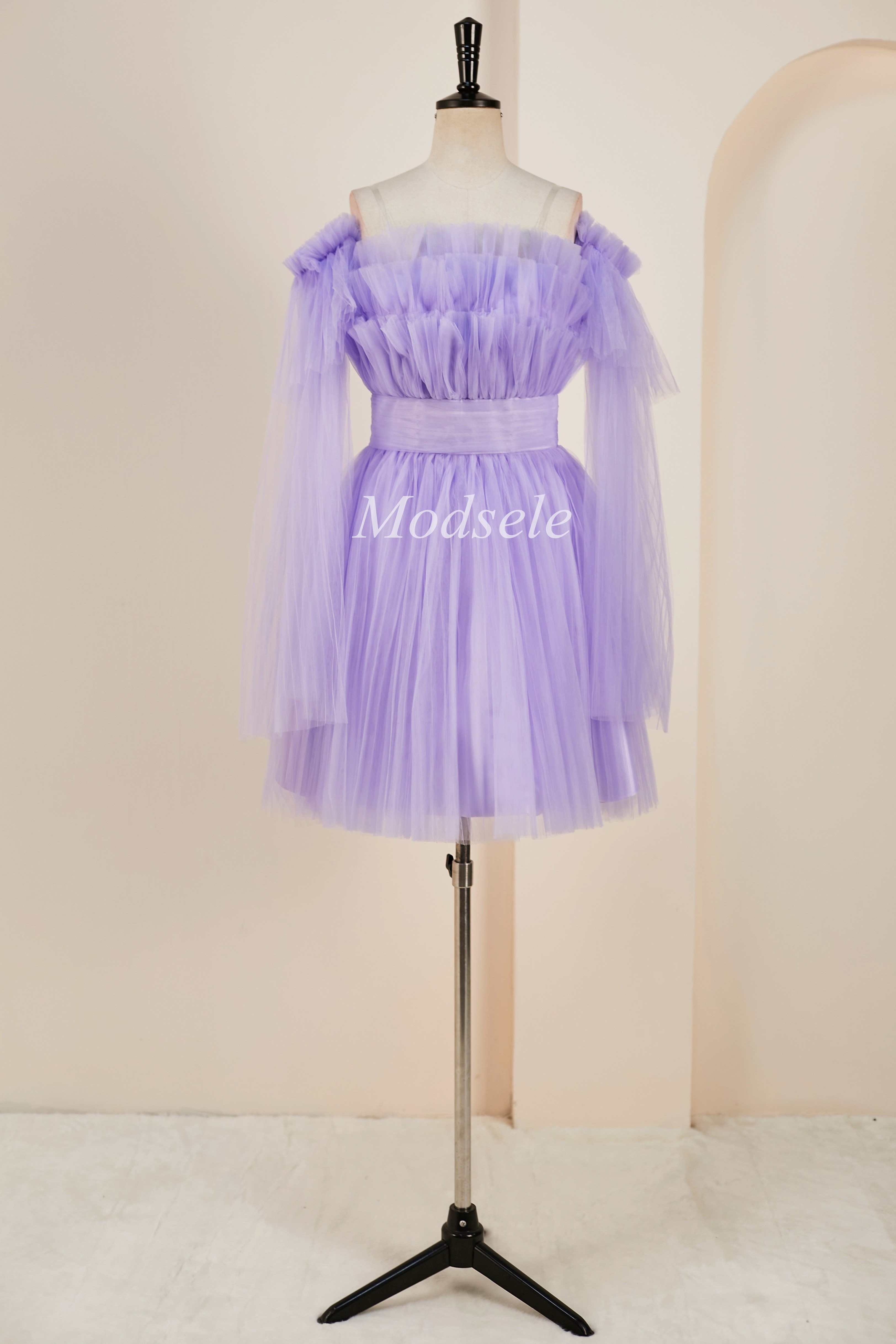 Lavender Strapless Ruffle A-Line Short Dress with Detachable Sleeves