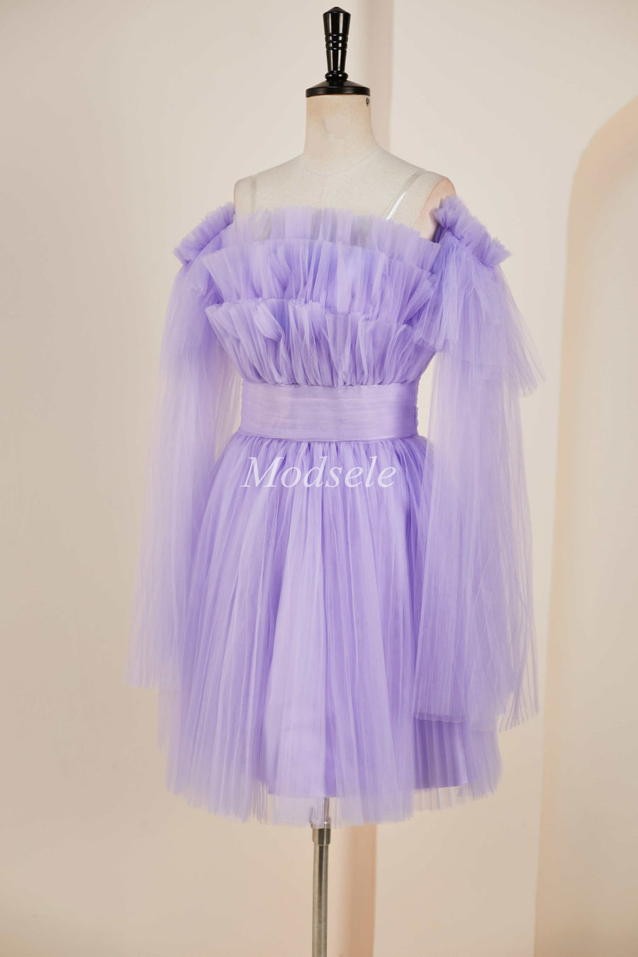 Lavender Strapless Ruffle A-Line Short Dress with Detachable Sleeves