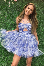 Straps Blue Floral Print A-Line Tiered Tulle Homecoming Dress