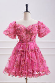 Puff Sleeves Hot Pink Ruffle A-Line Homecoming Dress