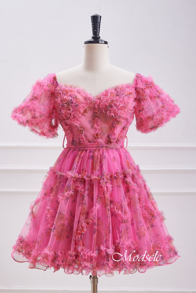 Puff Sleeves Hot Pink Ruffle A-Line Homecoming Dress