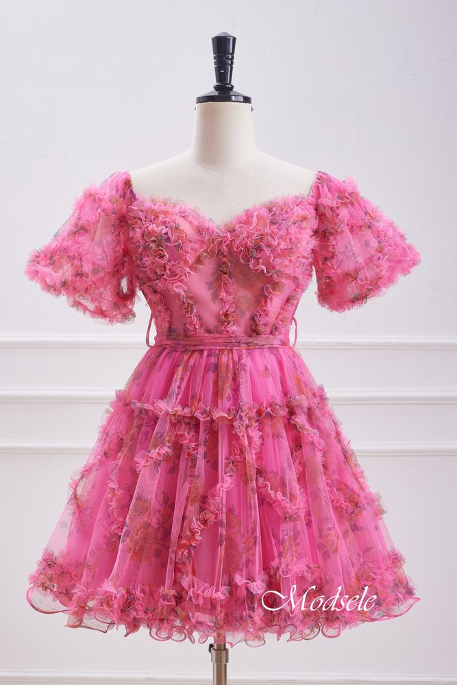 Puff Sleeves Hot Pink Ruffle A-Line Homecoming Dress – Modsele