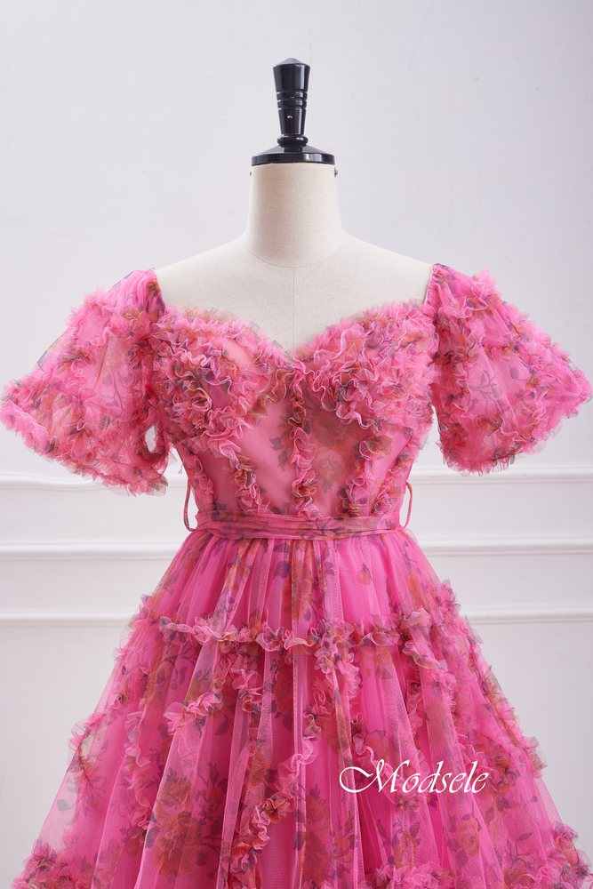 Puff Sleeves Hot Pink Ruffle A-Line Homecoming Dress Modsele Puff Sleeves Hot Pink Ruffle A-Line Homecoming Dress Modsele