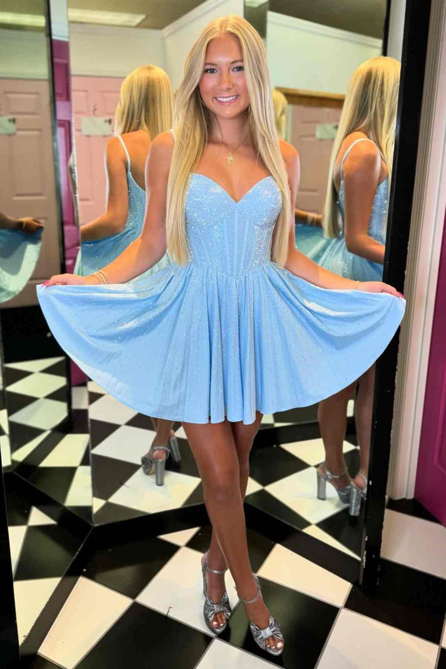 Spaghetti Straps Light Blue Beaded A-Line Homecoming Dress