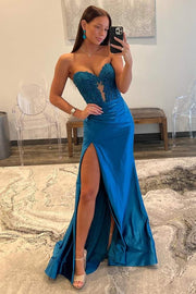 Blue Strapless Lace Beaded Long Dress with Slit