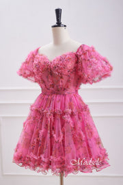 Puff Sleeves Hot Pink Ruffle A-Line Homecoming Dress