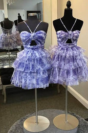 Straps Blue Floral Print A-Line Tiered Tulle Homecoming Dress