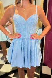 Spaghetti Straps Light Blue Beaded A-Line Homecoming Dress