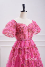 Puff Sleeves Hot Pink Ruffle A-Line Homecoming Dress