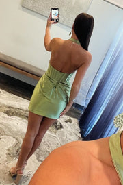 Sage Green Halter Pleated Bodycon Homecoming Dress with Backless