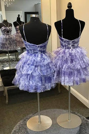 Straps Blue Floral Print A-Line Tiered Tulle Homecoming Dress