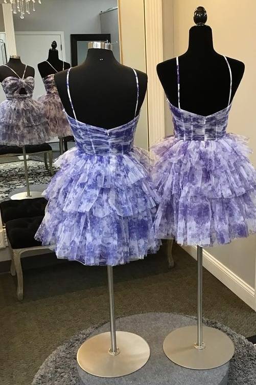 Straps Blue Floral Print A-Line Tiered Tulle Homecoming Dress