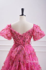 Puff Sleeves Hot Pink Ruffle A-Line Homecoming Dress