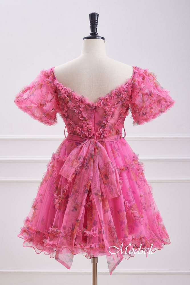 Puff Sleeves Hot Pink Ruffle A-Line Homecoming Dress