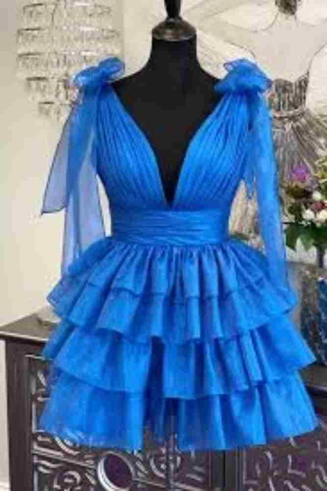 V-Neck Blue A-line Ruffle Homecoming Dress with Bow