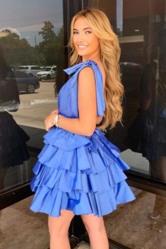 V-Neck Blue A-line Ruffle Homecoming Dress with Bow