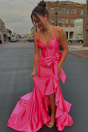 Pink Spaghetti Straps V-Neck Satin Bow Long Prom Dress with Slit