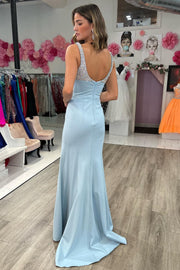 Beaded Square Neck Mermaid Long Prom Dress with Slit