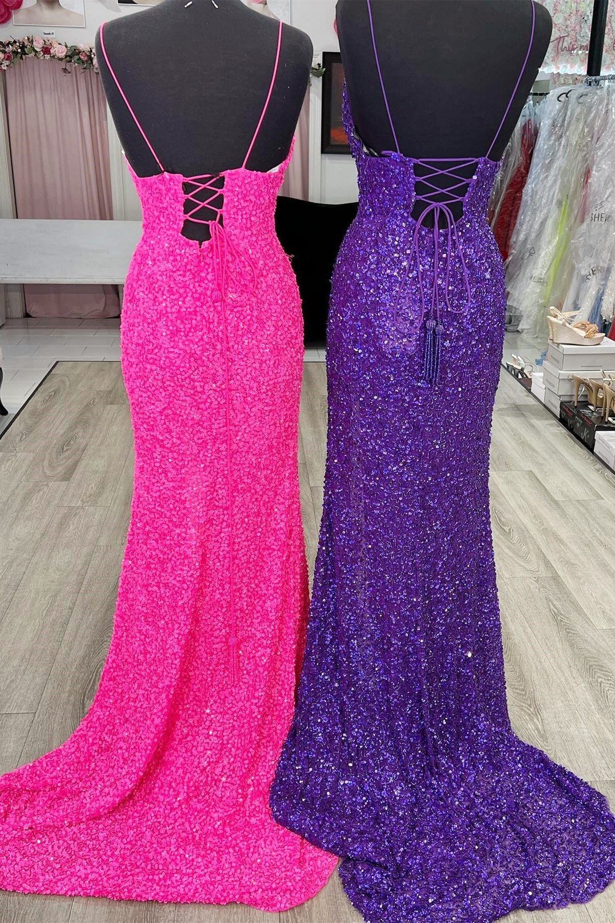 Straps Hot Pink Sequins Mermaid Long Prom Dress