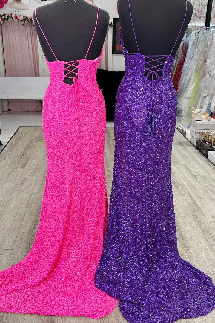Straps Hot Pink Sequins Mermaid Long Prom Dress