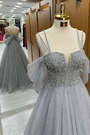 Gray Tulle Beaded Cold-Shoulder A-Line Long Prom Dress