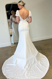 White Floral Applique Plunge V Long Wedding Dress with Short Sleeves