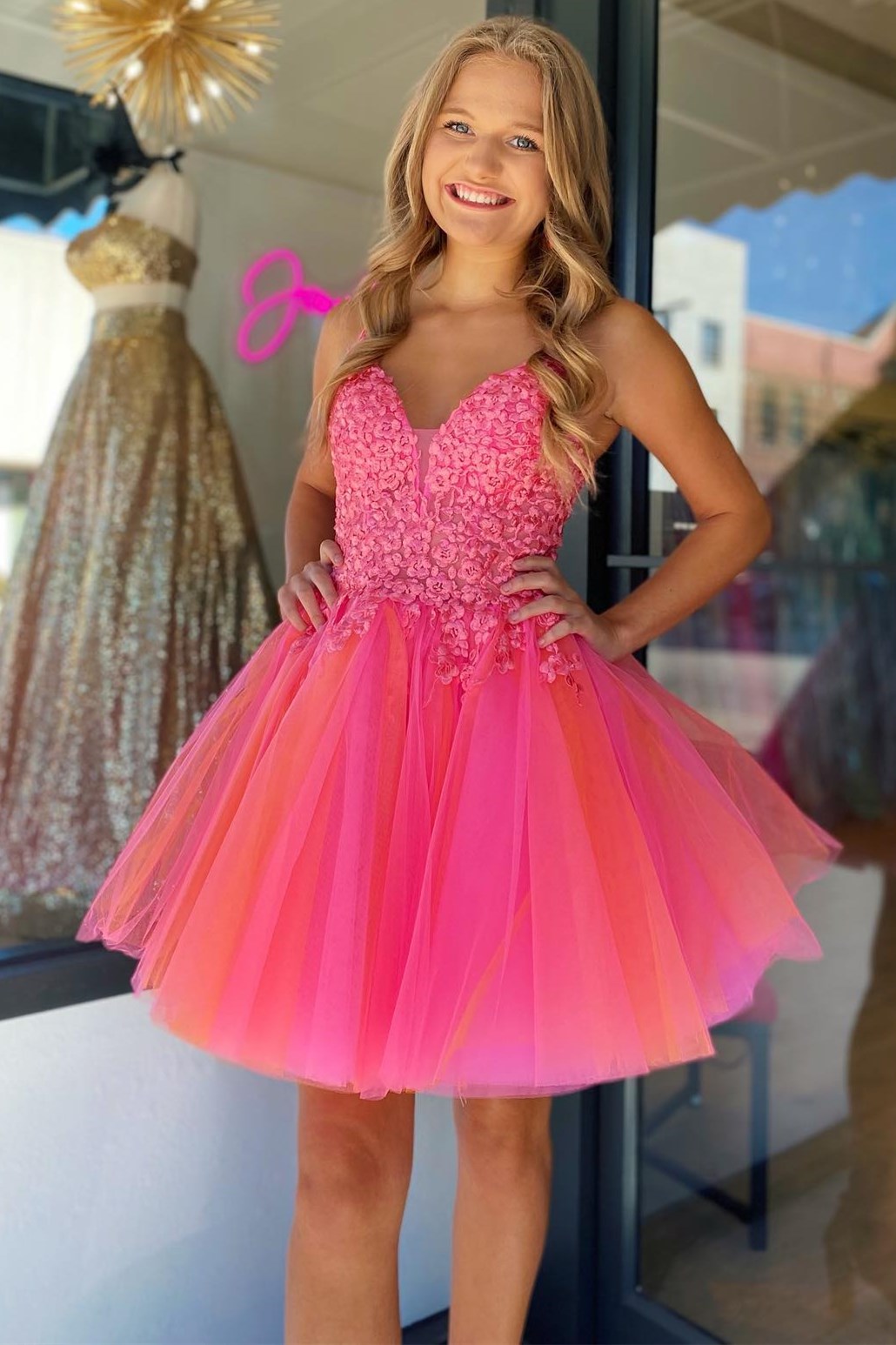 Hot Pink Floral Lace V Neck A Line Short Homecoming Dress Modsele