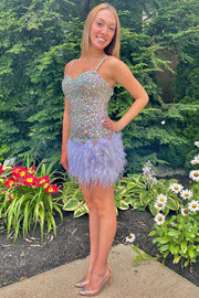 Multi-Color Beaded Sweetheart Short Party Dress with Feathers
