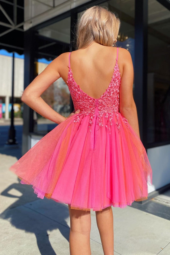 Hot Pink Floral Lace V-Neck A-Line Short Homecoming Dress