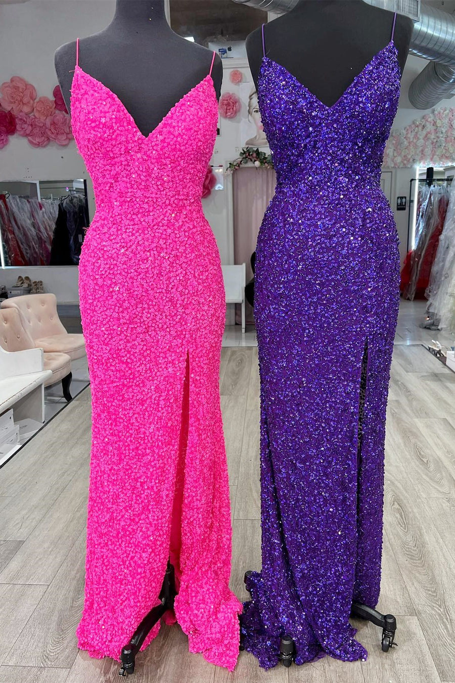 Straps Hot Pink Sequins Mermaid Long Prom Dress