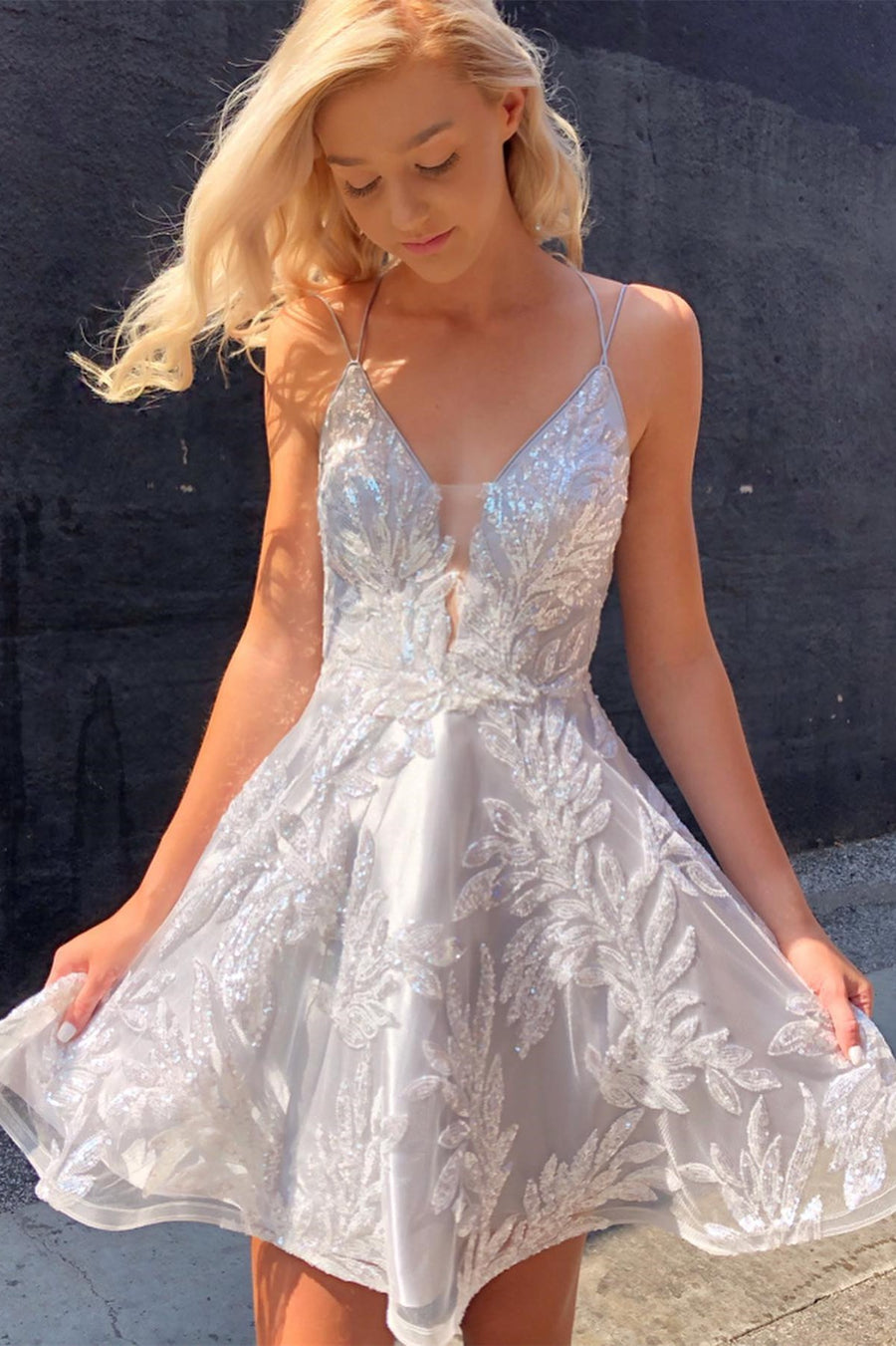 Ivory Lace-Up A-Line Homecoming Dress with Appliques