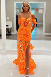 Orange Off-the-Shoulder Sequin Applique Mermaid Long Dress with Slit