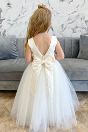 White Tulle Round Neck Bow-Back Flower Girl Dress